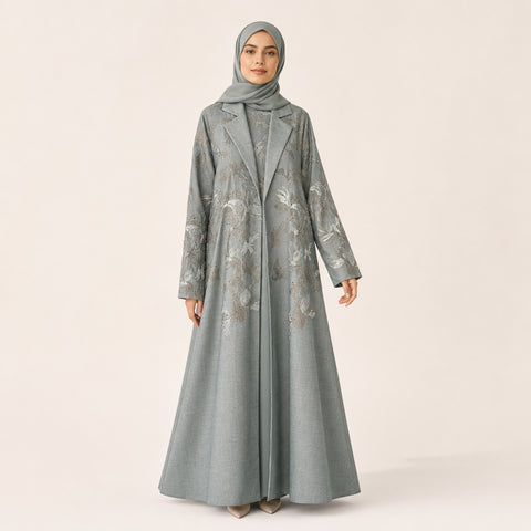 Aqua Teal Embroidered Linen Abaya