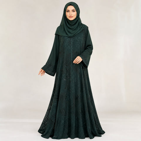Premium Emerald Green Heavy Embroidered Double Chiffon Abaya