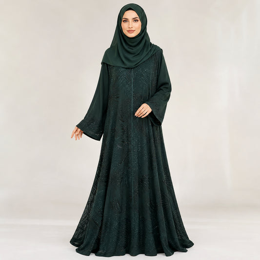 Premium Emerald Green Heavy Embroidered Double Chiffon Abaya
