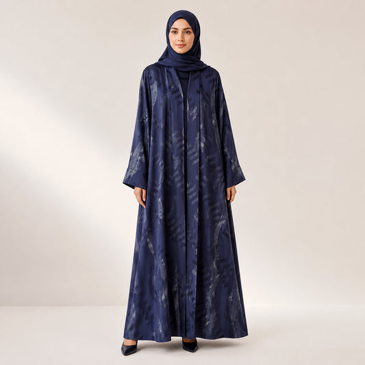 Ink Navy Self Print Silk Open Abaya