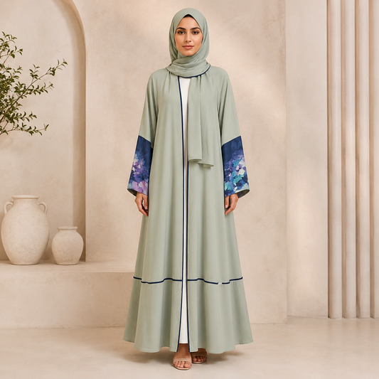 Premium Summer Bottle Green Appliqué Open Abaya