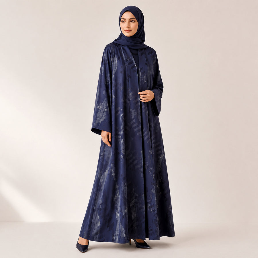 Ink Navy Self Print Silk Open Abaya