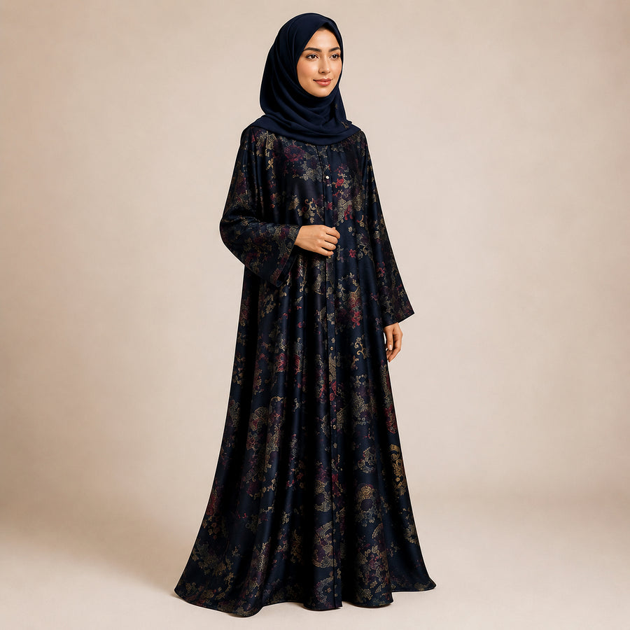 Premium Ocean Pearl Blue Jamawar Silk Abaya