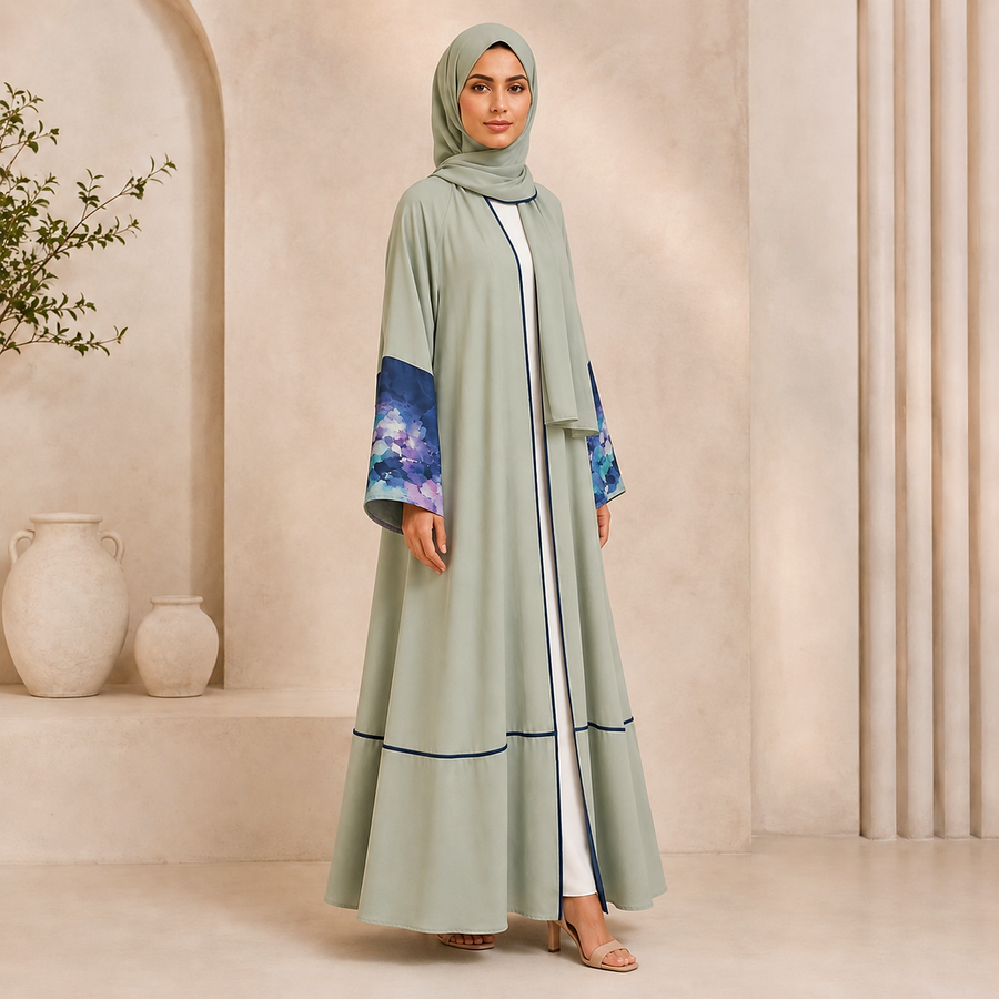 Premium Summer Bottle Green Appliqué Open Abaya