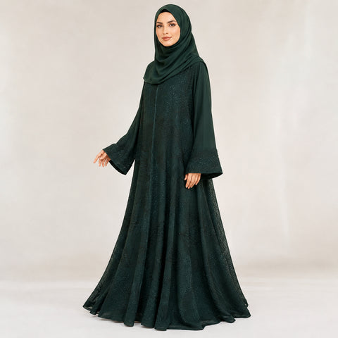 Premium Emerald Green Heavy Embroidered Double Chiffon Abaya