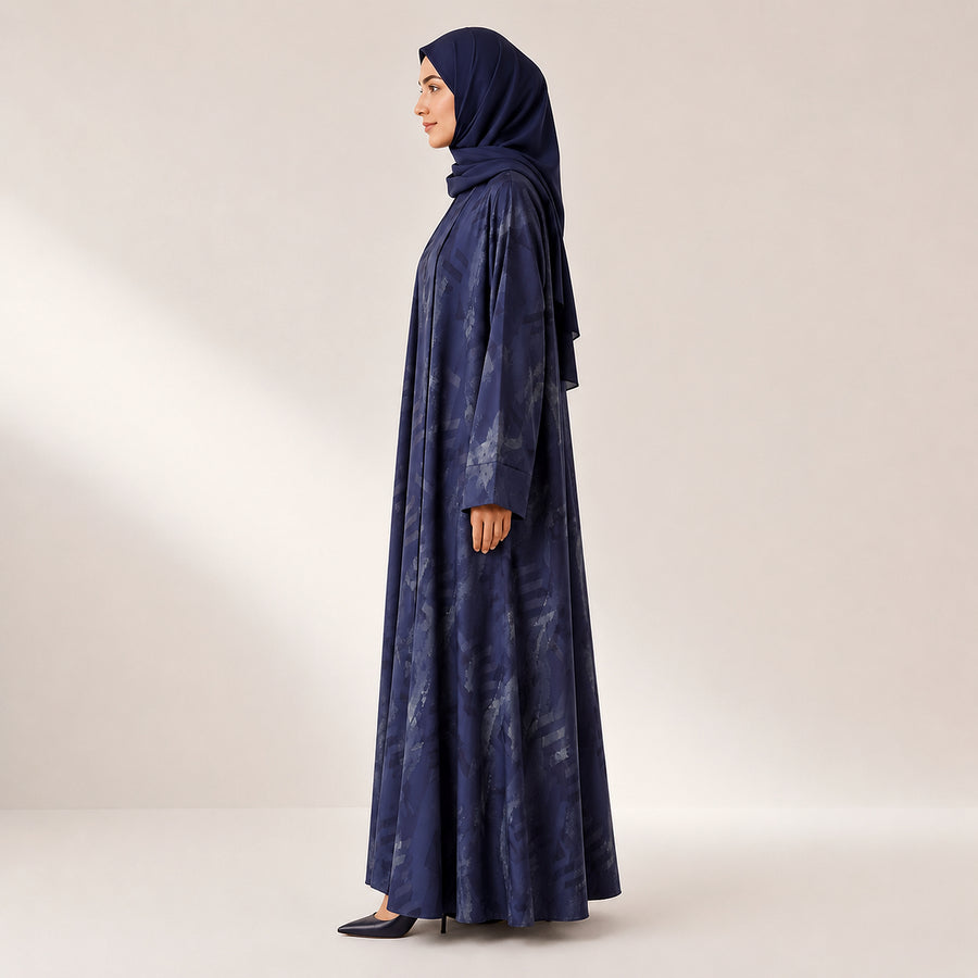 Ink Navy Self Print Silk Open Abaya