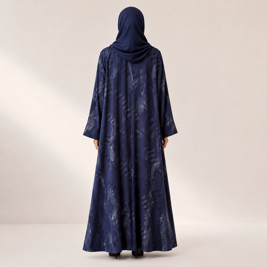 Ink Navy Self Print Silk Open Abaya