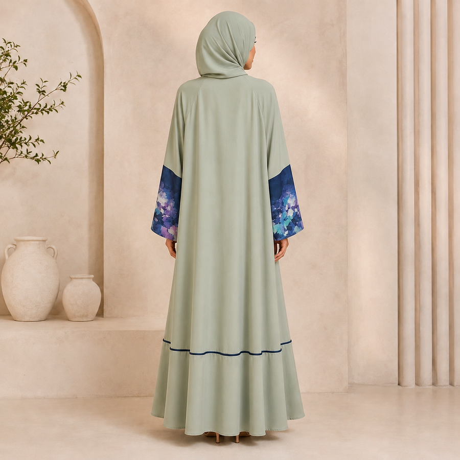 Premium Summer Bottle Green Appliqué Open Abaya