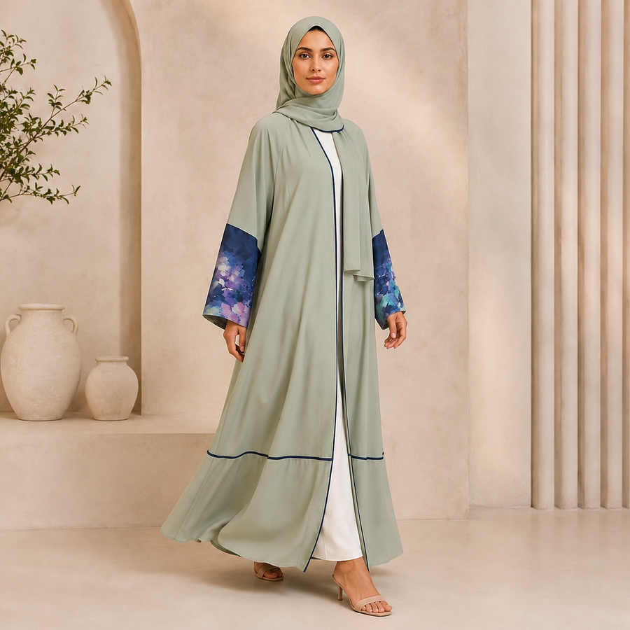 Premium Summer Bottle Green Appliqué Open Abaya