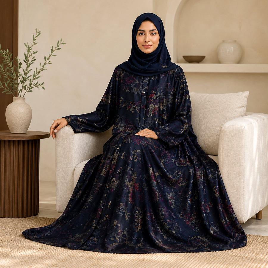 Premium Ocean Pearl Blue Jamawar Silk Abaya