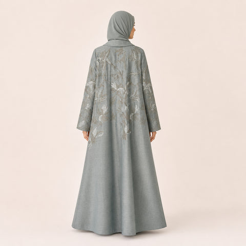Aqua Teal Embroidered Linen Abaya