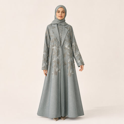 Aqua Teal Embroidered Linen Abaya