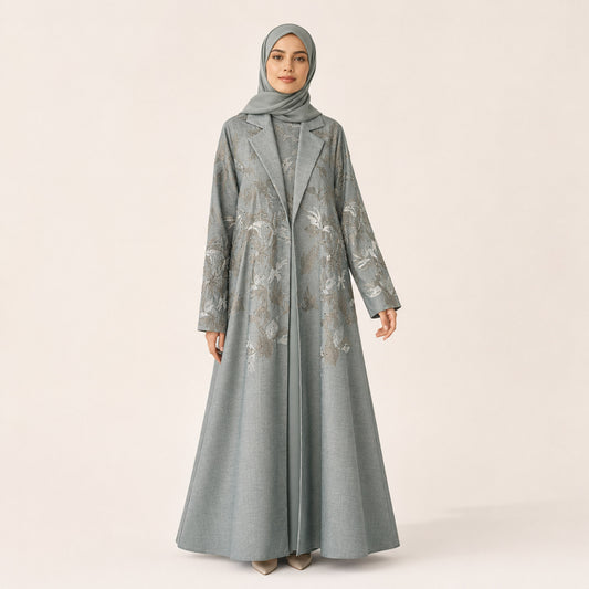Aqua Teal Embroidered Linen Abaya