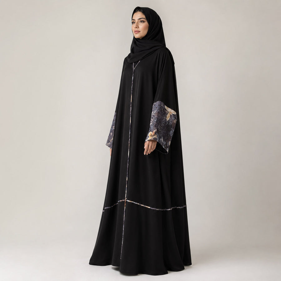 Premium Black Nidha with Floral Printed Silk Piping