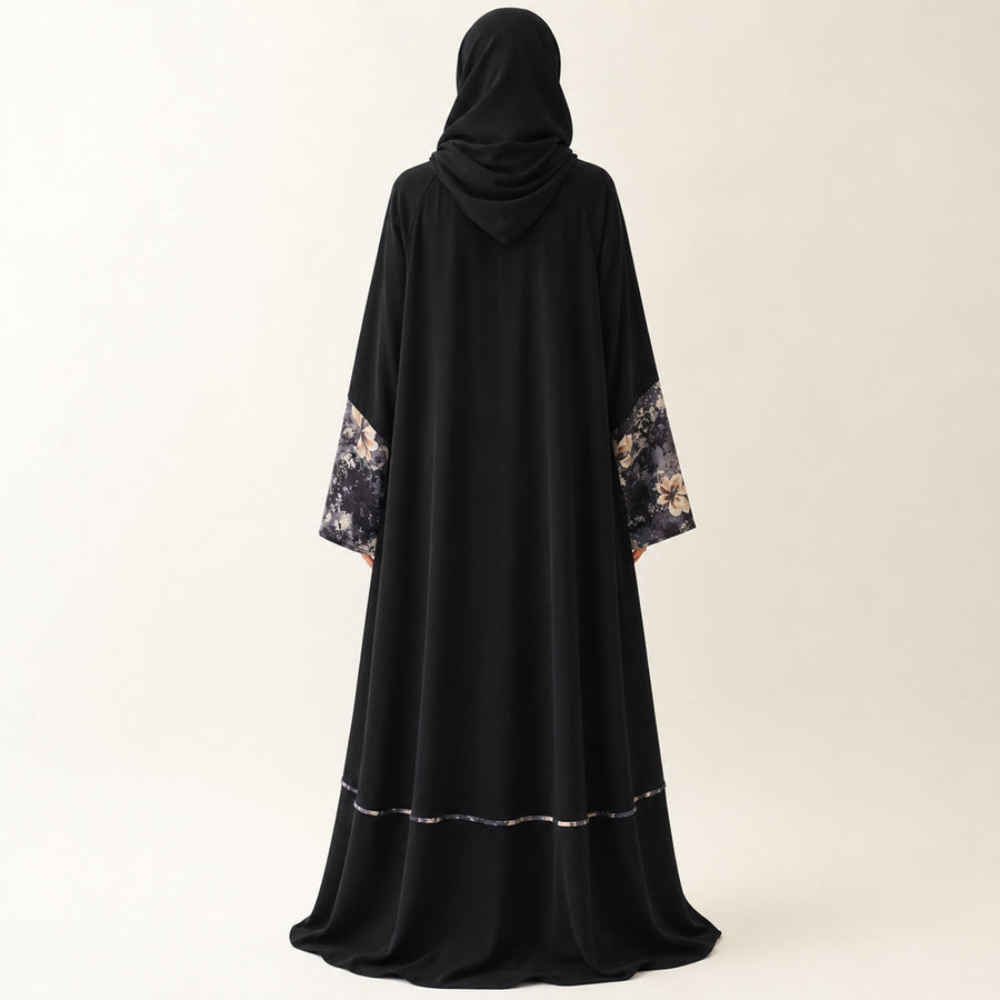 Premium Black Nidha with Floral Printed Silk Piping