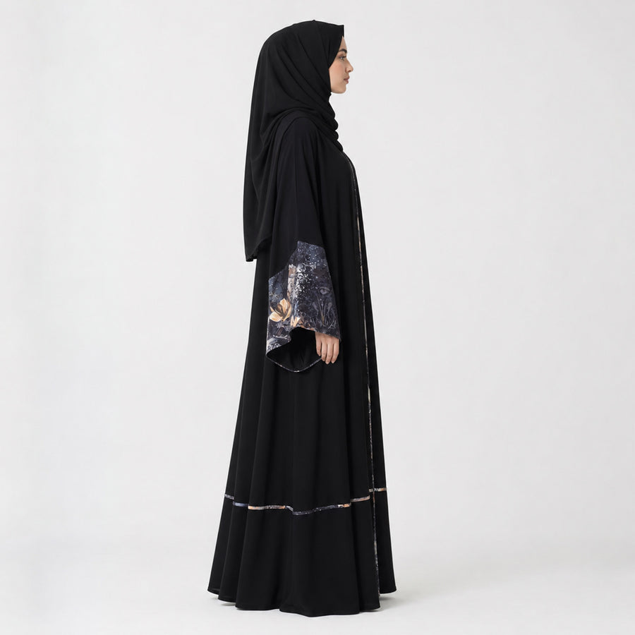Premium Black Nidha with Floral Printed Silk Piping