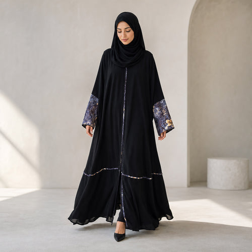 Premium Black Nidha with Floral Printed Silk Piping