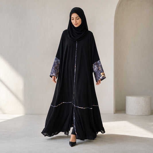 Premium Black Nidha with Floral Printed Silk Piping