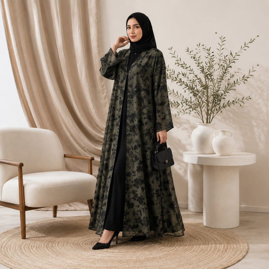 Double-Sided Floral Chiffon Abaya Black