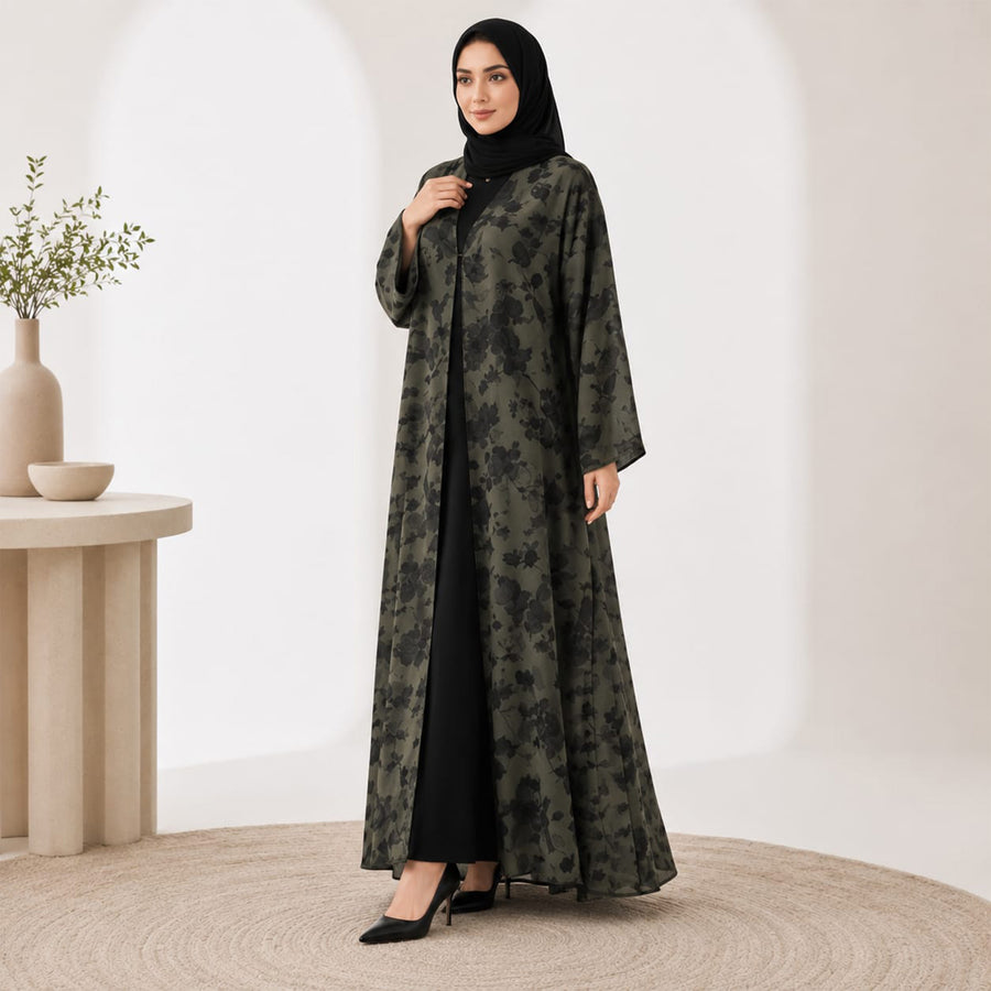 Double-Sided Floral Chiffon Abaya Black