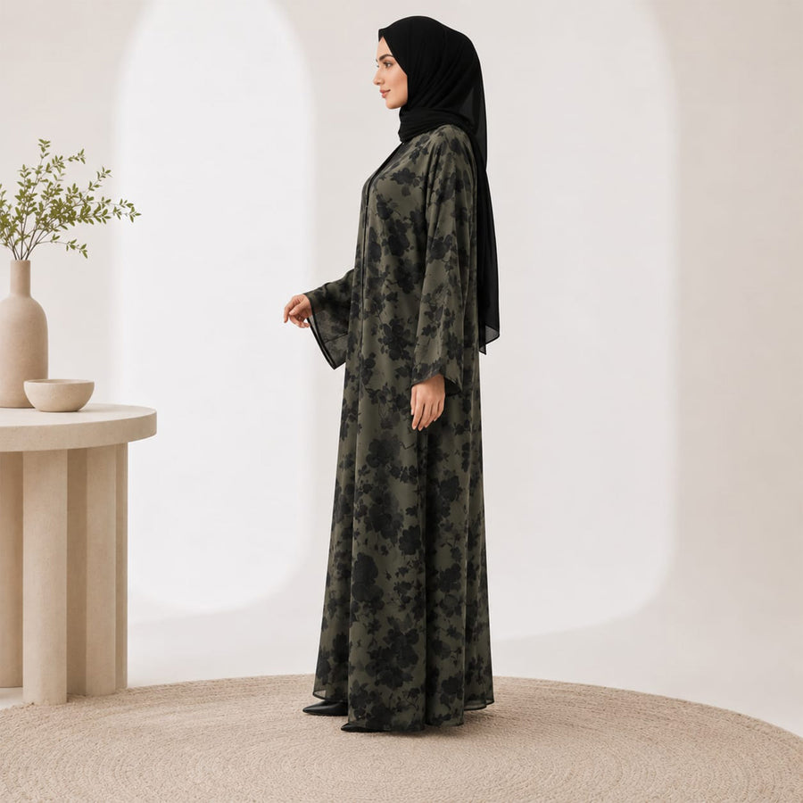 Double-Sided Floral Chiffon Abaya Black