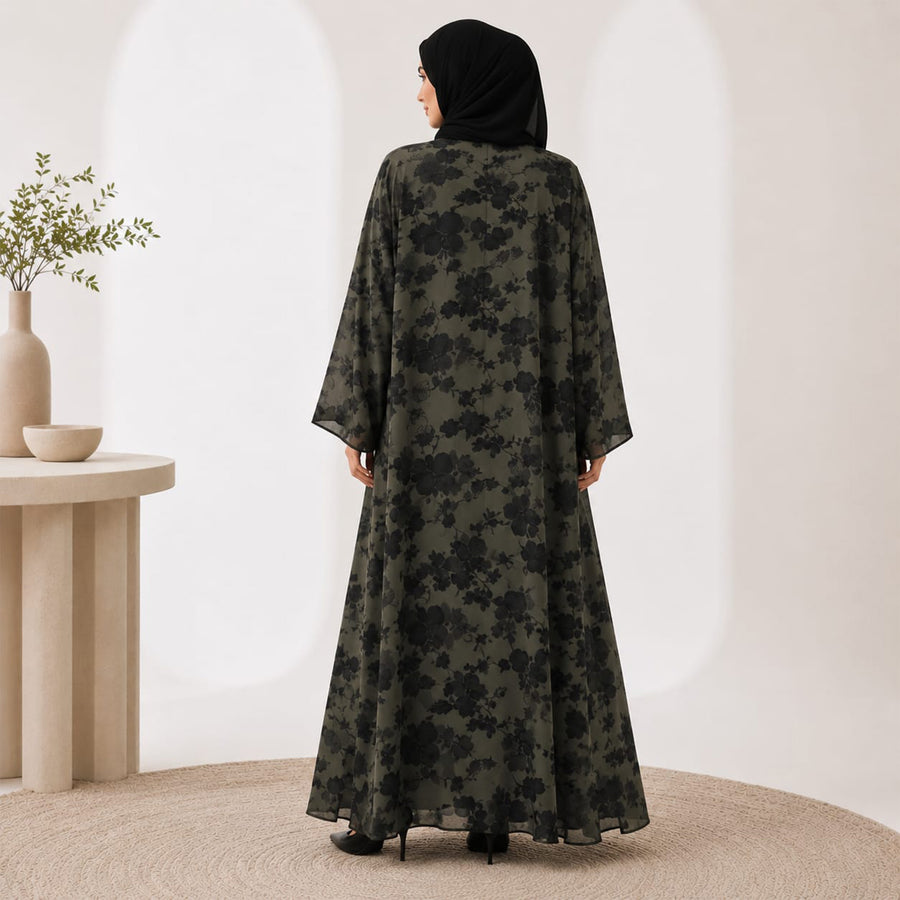 Double-Sided Floral Chiffon Abaya Black