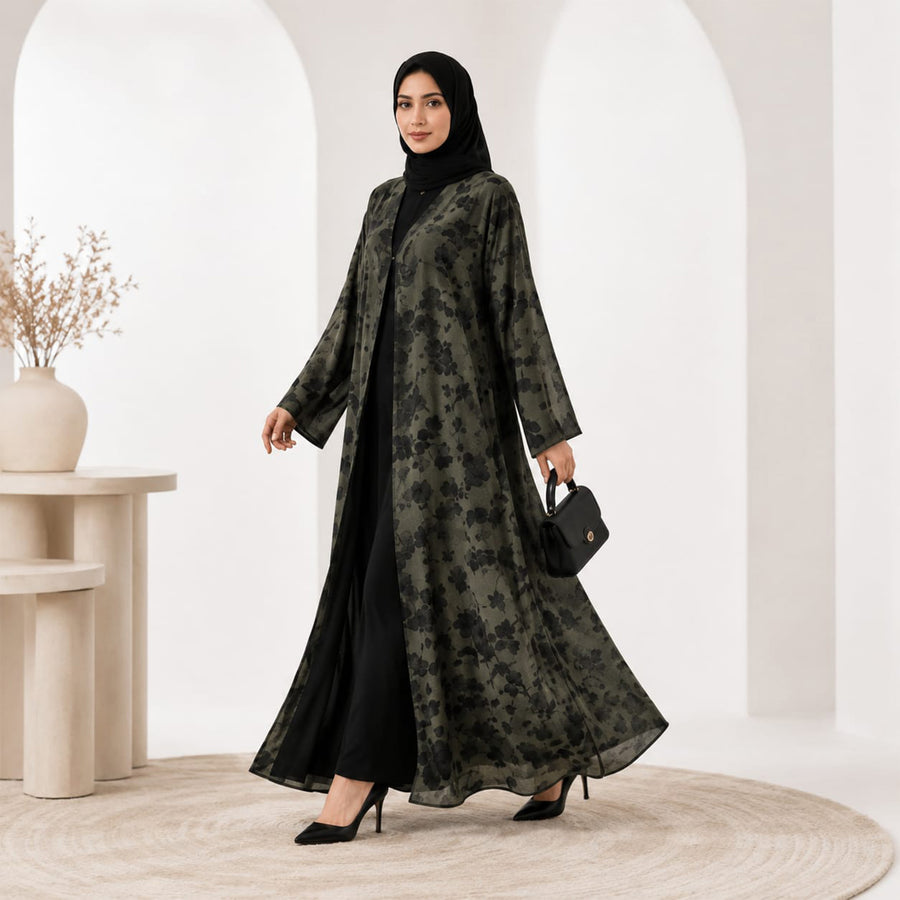 Double-Sided Floral Chiffon Abaya Black