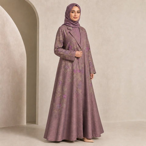 Lilac Gold Embroidered Linen Abaya