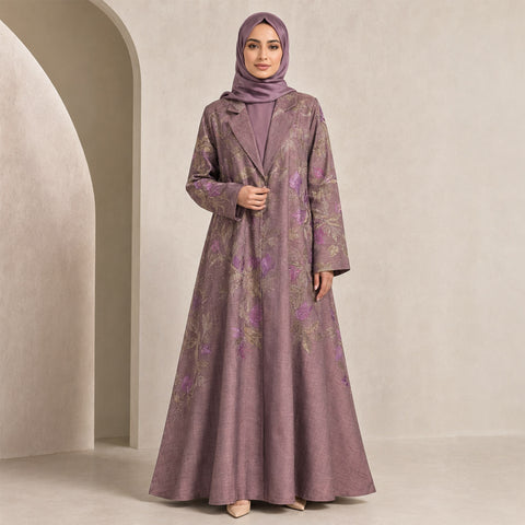 Lilac Gold Embroidered Linen Abaya