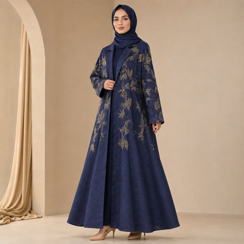 Navy Gold Embroidered Linen Abaya
