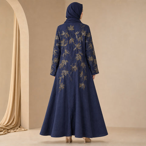 Navy Gold Embroidered Linen Abaya
