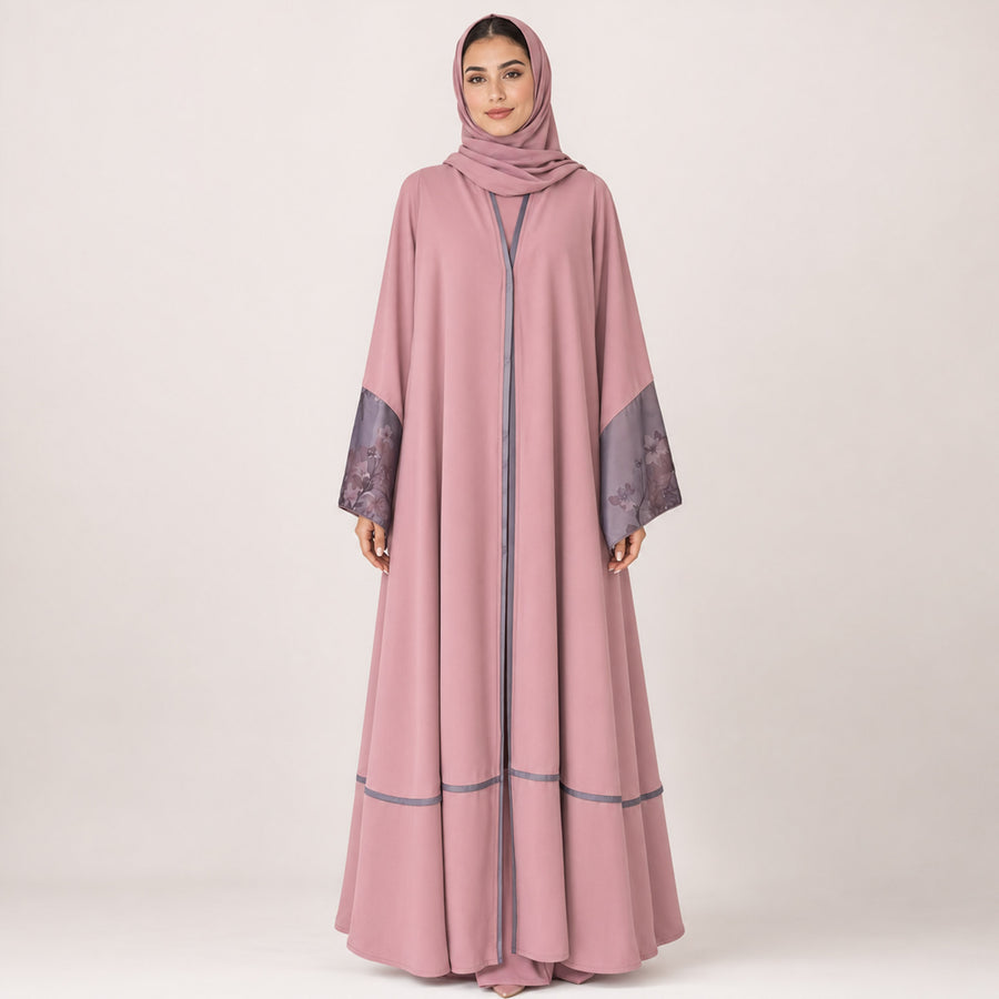 Premium Tea Rose Pink Nidha with Floral Printed Silk Piping