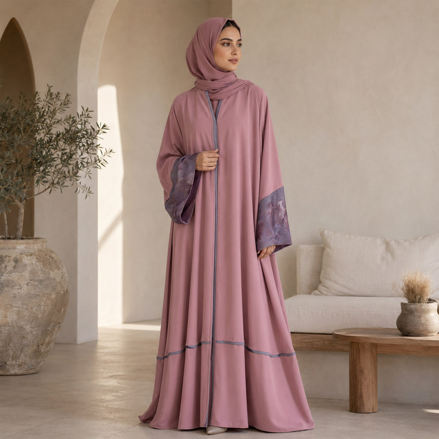 Premium Tea Rose Pink Nidha with Floral Printed Silk Piping