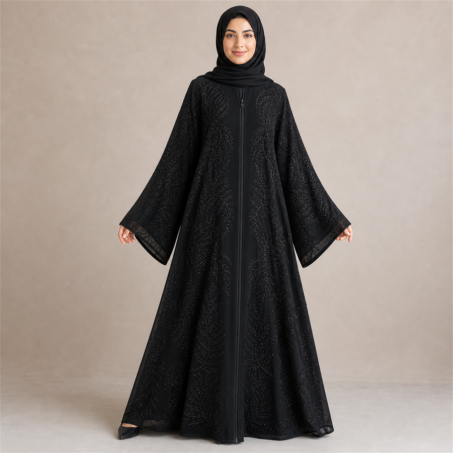 Premium Black Heavy Embroidered Double Chiffon Abaya | LAMEEM
