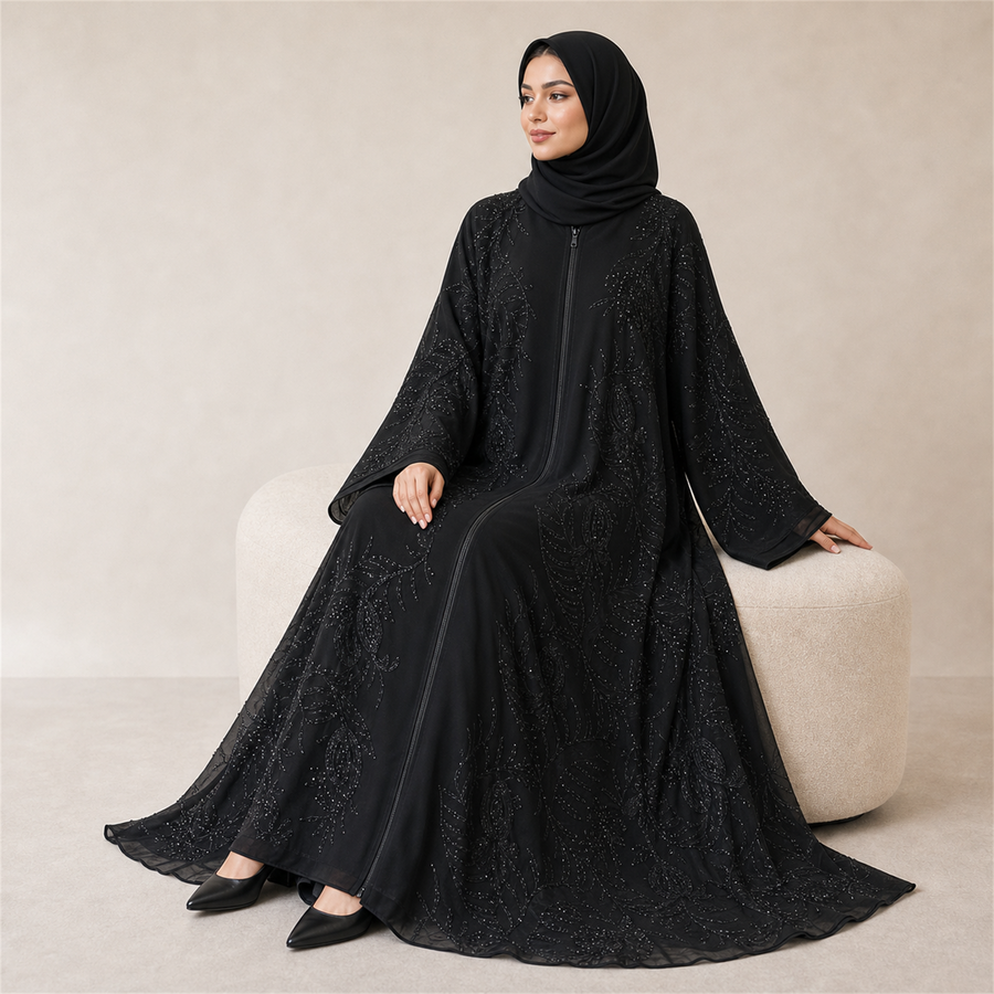 Premium Black Heavy Embroidered Double Chiffon Abaya | LAMEEM