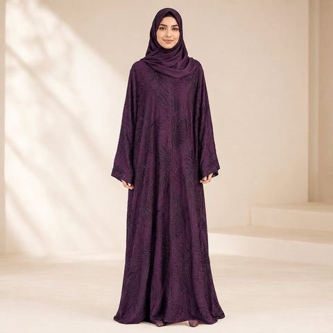 Premium Deep Plum Heavy Embroidered Double Chiffon Abaya