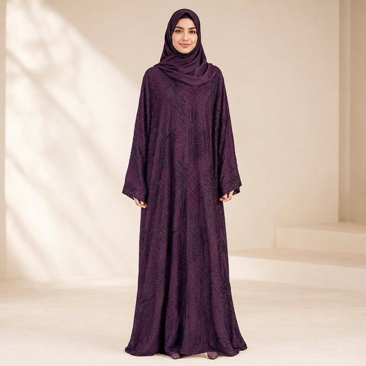 Premium Deep Plum Heavy Embroidered Double Chiffon Abaya